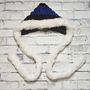 Bolli Imports Blue & Black Knit Faux Fur Trapper Hat Winter Earflap Style
